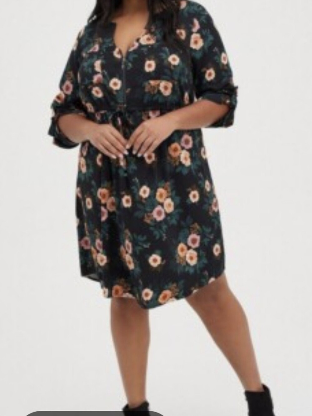 TORRID Floral Challis Zip Front Shirt Dress Knee Length Pockets Black Peach 1X - Picture 9 of 16